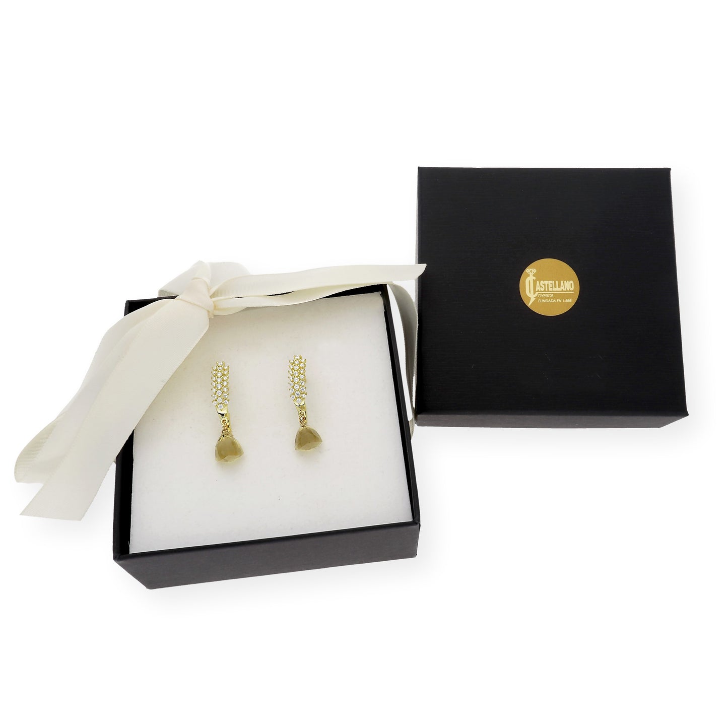 Pendientes de Medio Aro en Plata de Ley 925 Bañado en Oro 18K con Circonitas y Cuarzo Fumé