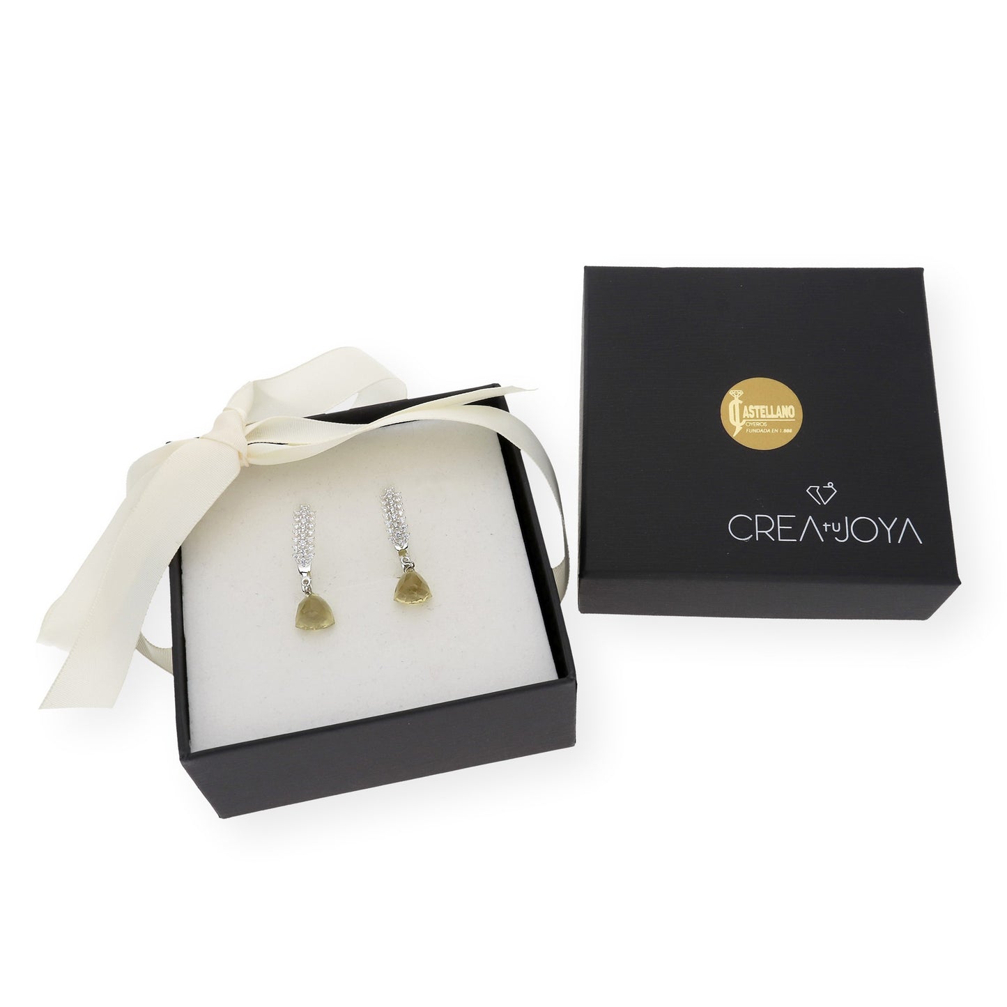 Pendientes de Medio Aro en Plata de Ley 925 con Circonitas y Cuarzo Fumé