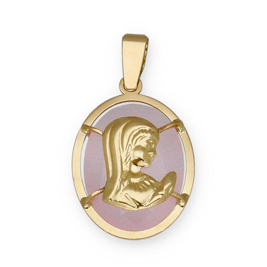 Medalla de la Virgen Niña en Oro 18k y Piedra Rosa Modelo Mirage