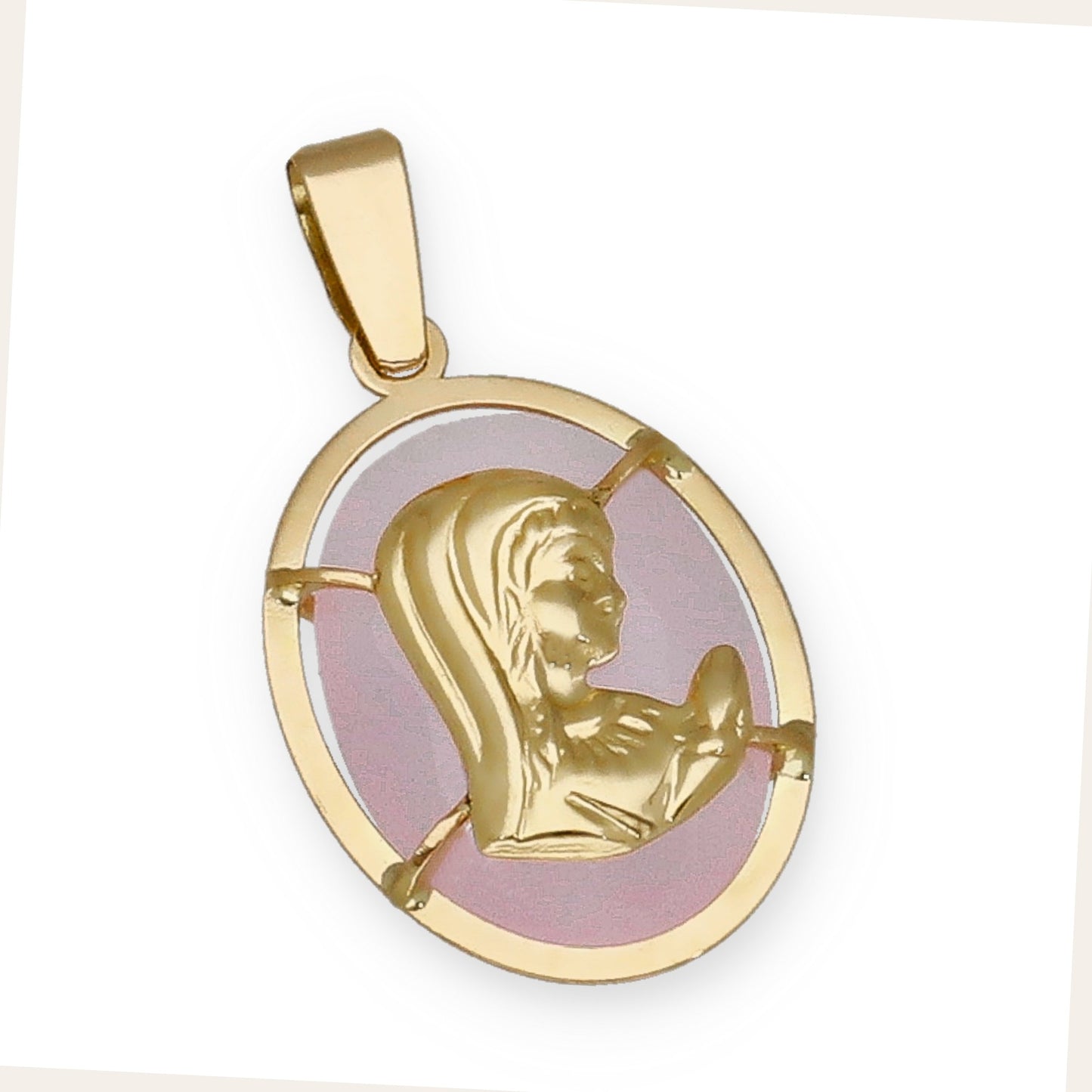 Medalla de la Virgen Niña en Oro 18k y Piedra Rosa Modelo Mirage