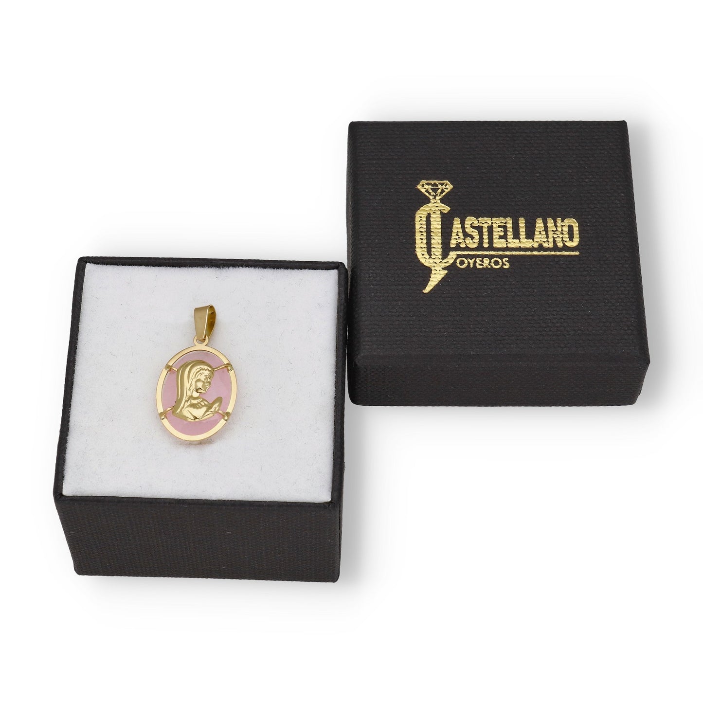 Medalla de la Virgen Niña en Oro 18k y Piedra Rosa Modelo Mirage