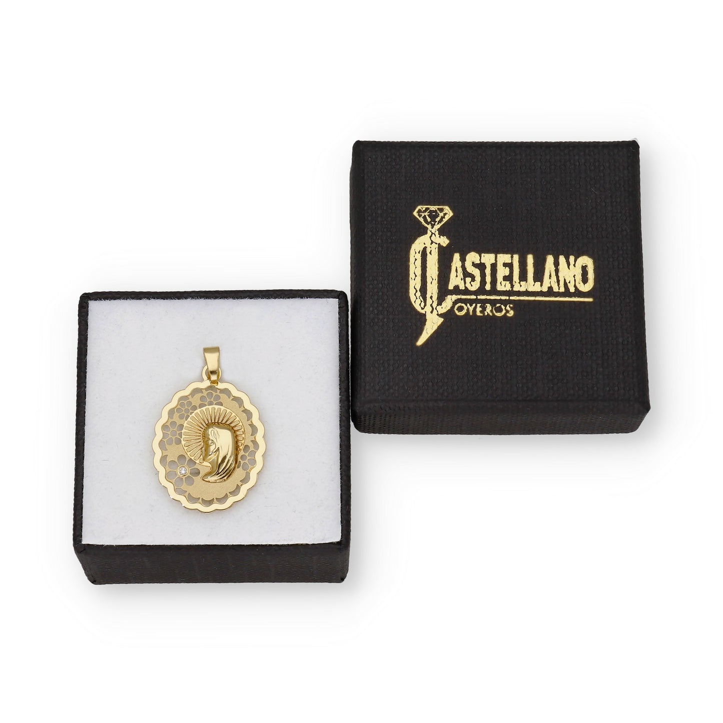 Medalla Virgen Niña Oval en Oro 18K con Circonita y Margaritas Caladas