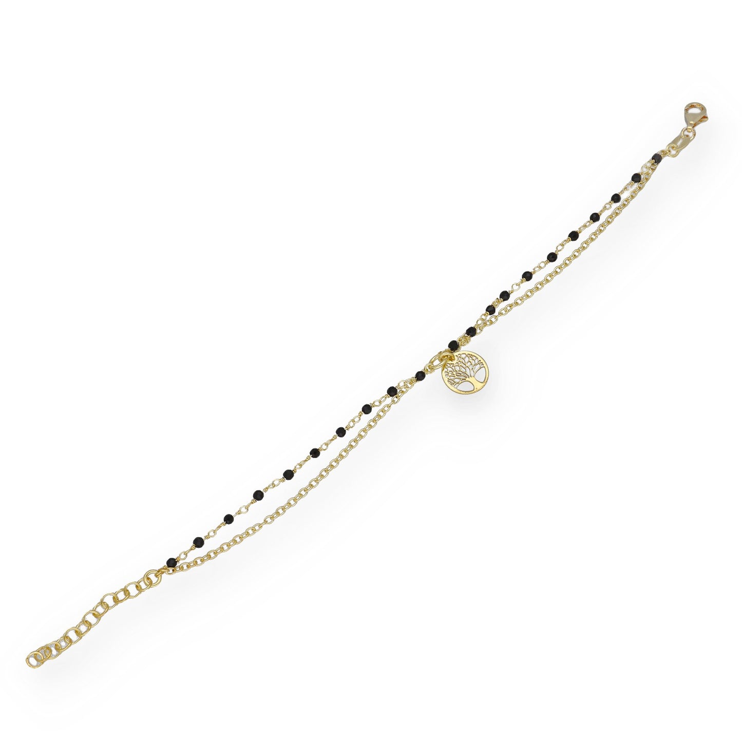 Pulsera Doble Cadena con Árbol de la Vida en Plata Bañada en Oro 18K y Gemas Negras
