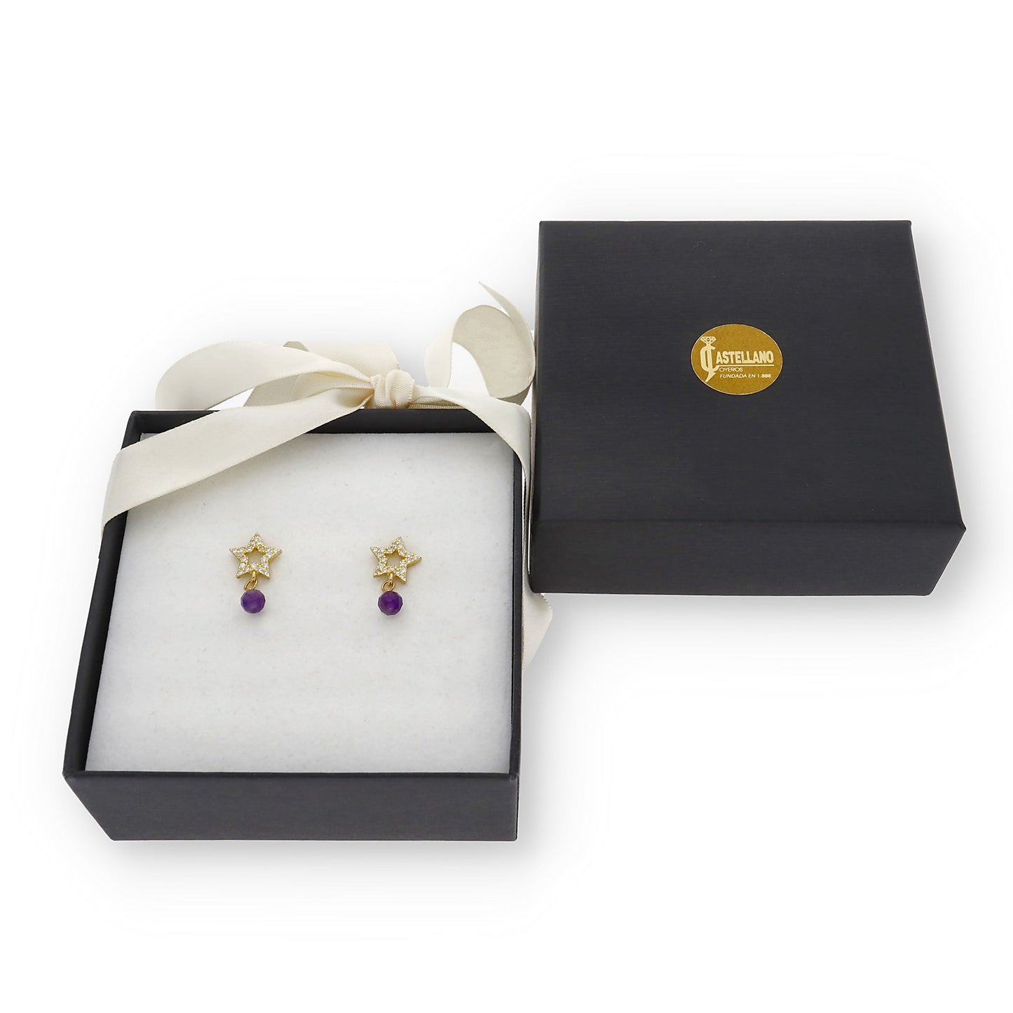 Pendientes Studd Plata 925 con Baño de Oro 18k Amatista y Circonita