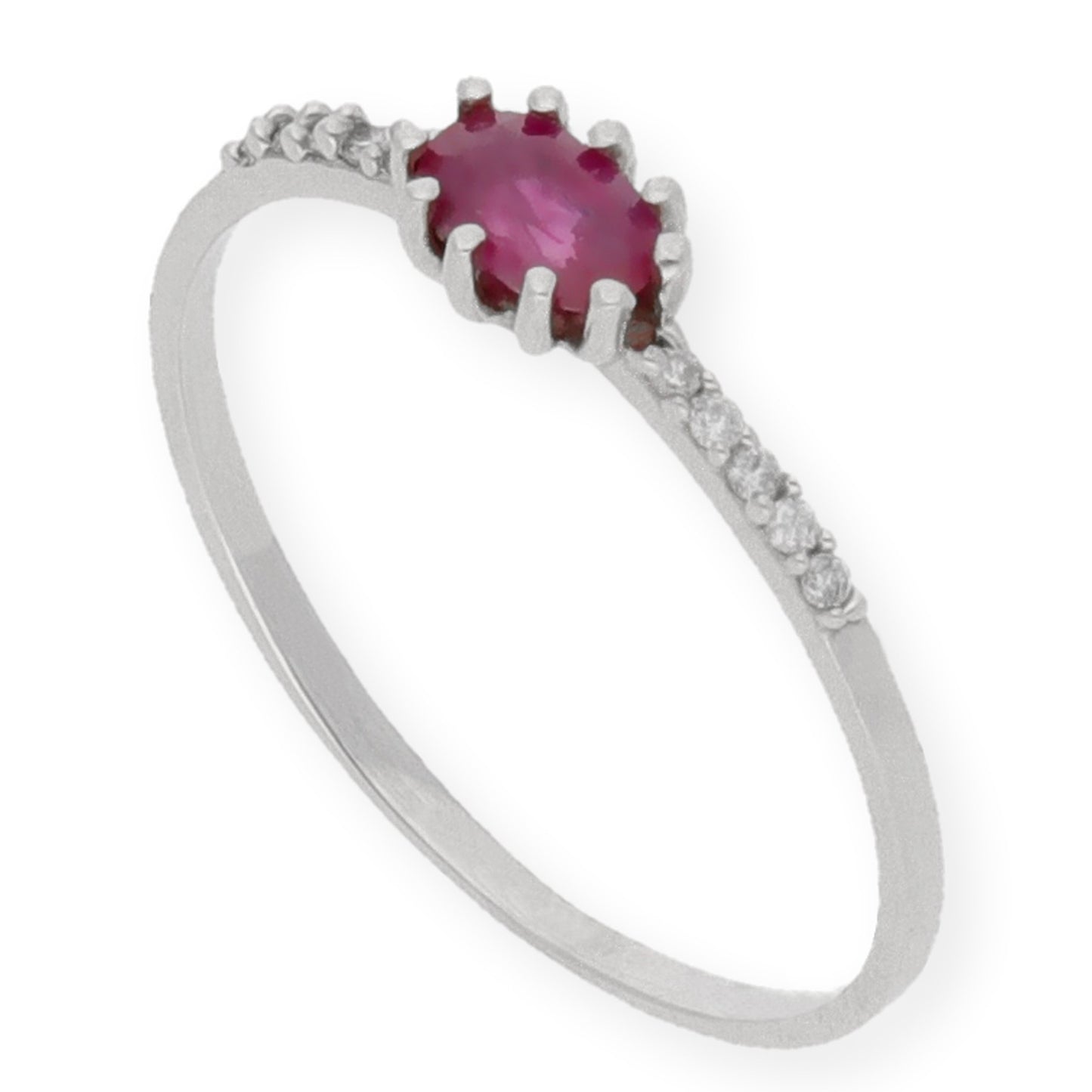 Anillo Loto en Oro Blanco 18K con Rubí Oval en Garra y Diamantes