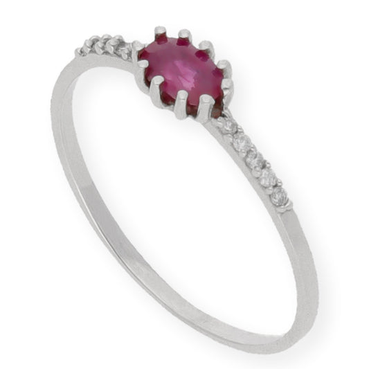 Anillo Loto en Oro Blanco 18K con Rubí Oval en Garra y Diamantes