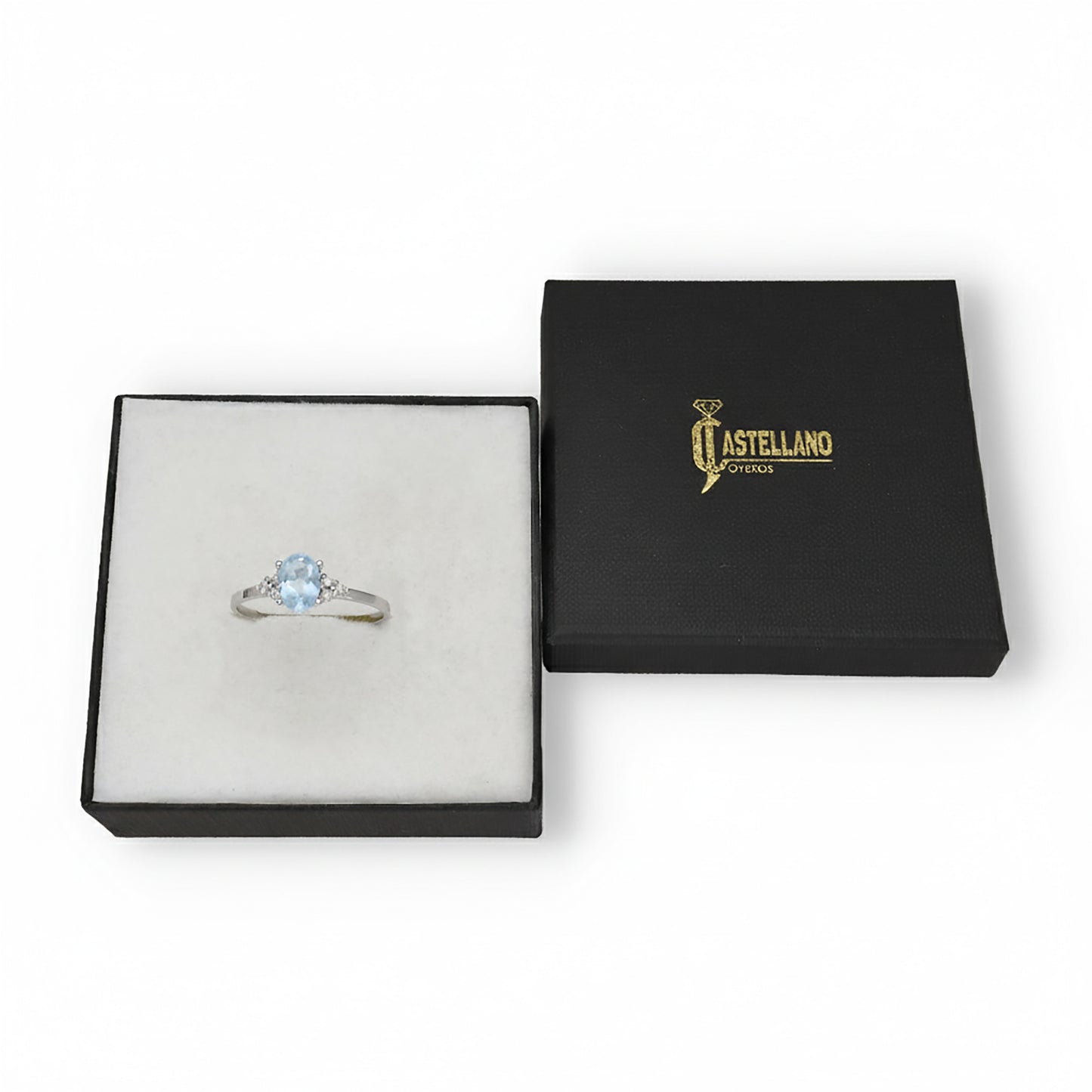 Anillo Gilda Oro Blanco 18k con Topacio Azul y Diamantes