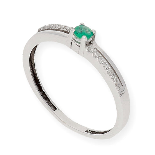 Anillo Corona en Oro Blanco 18K con Diamantes y Esmeralda
