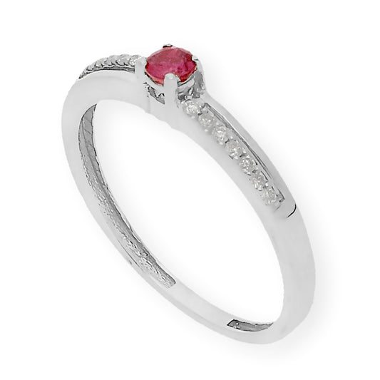 Anillo Corona en Oro Blanco 18K con Diamantes y Rubí