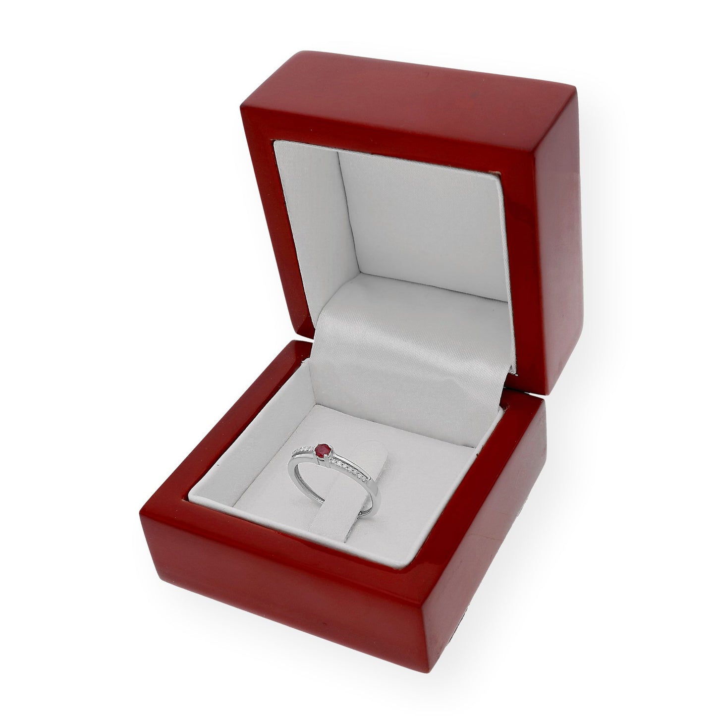 Anillo Corona en Oro Blanco 18K con Diamantes y Rubí