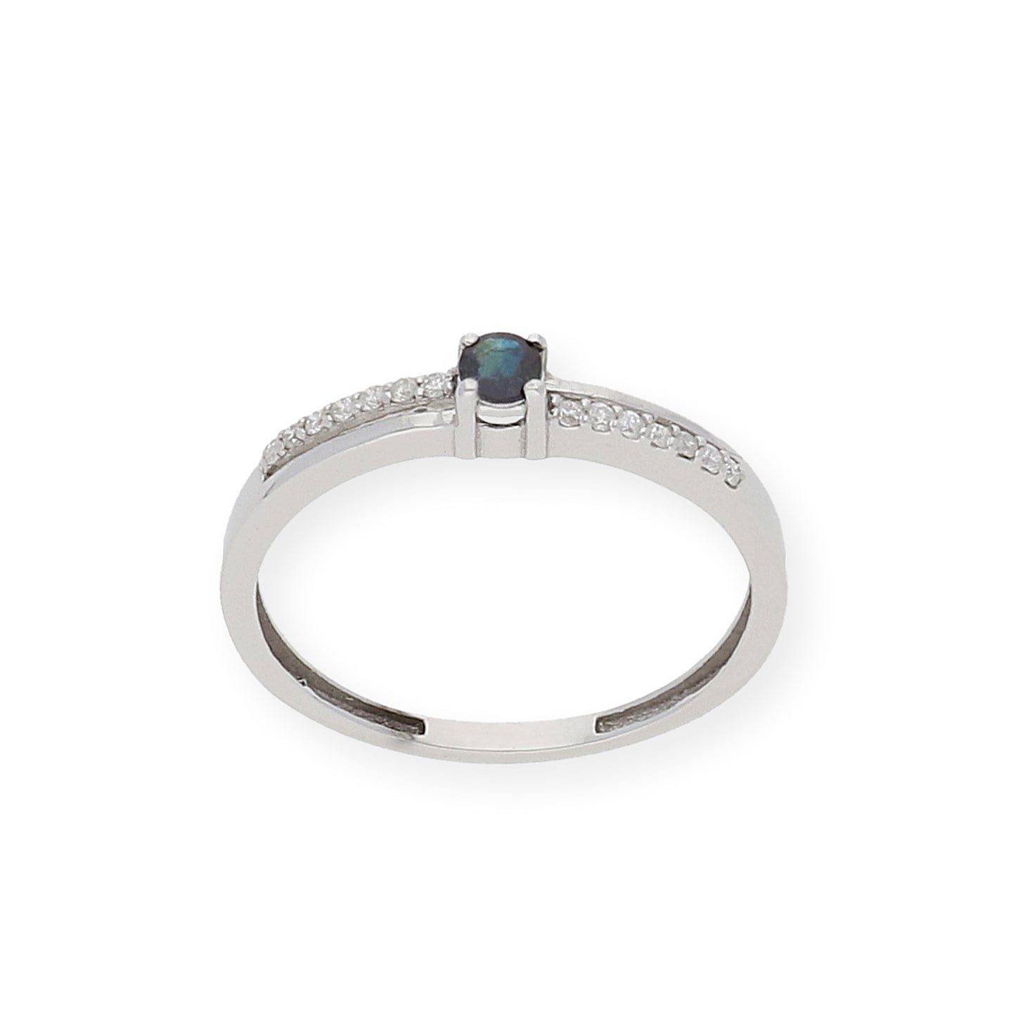 Anillo Corona en Oro Blanco 18K con Diamantes y Zafiro