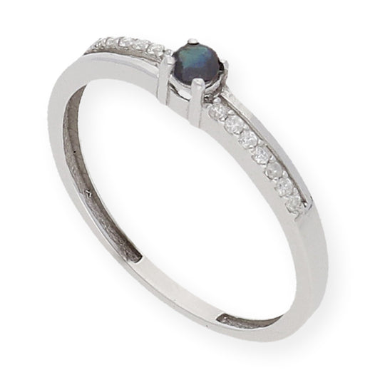 Anillo Corona en Oro Blanco 18K con Diamantes y Zafiro