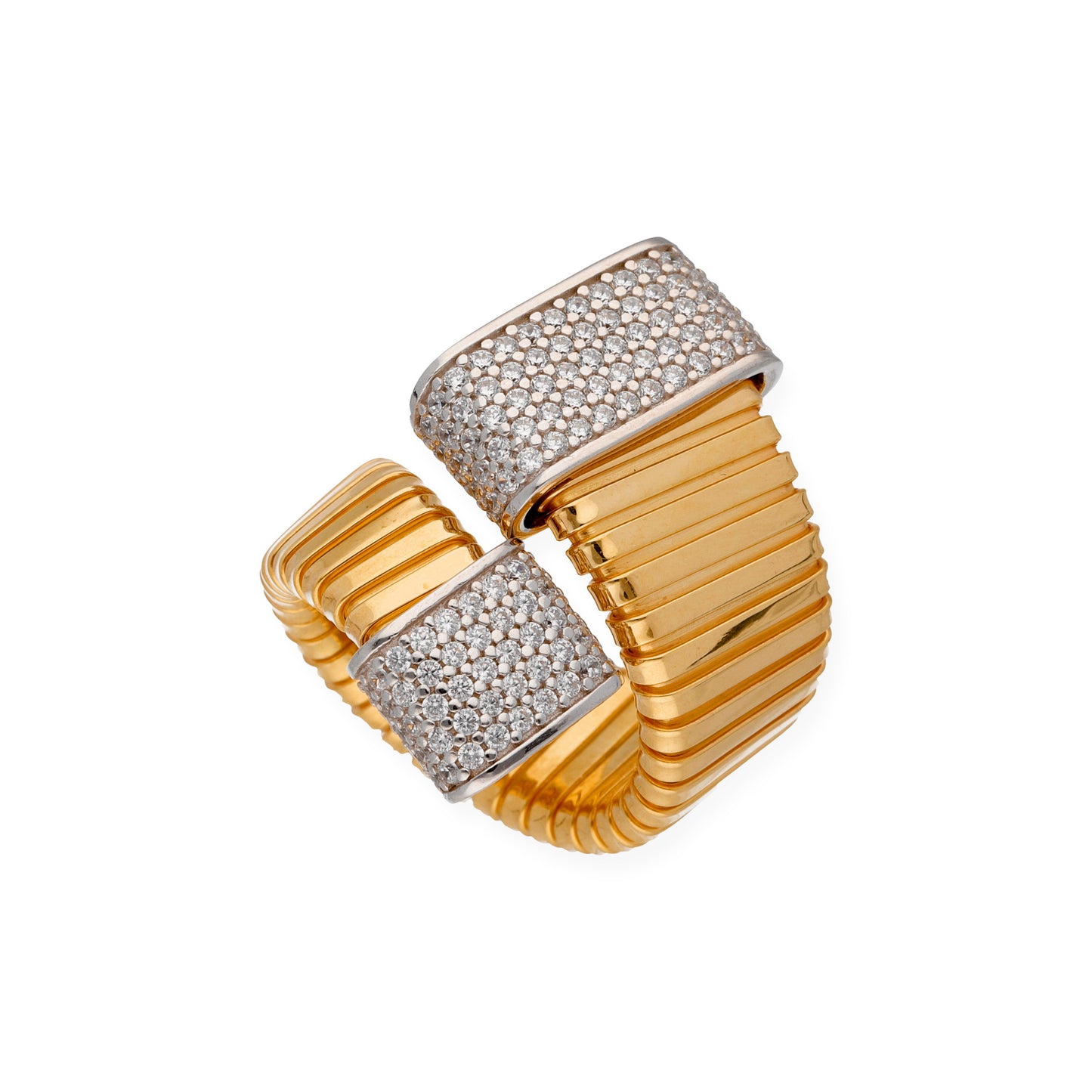 Anillo Entrelazado Tubo de Gas en Plata 925 con Baño de Oro 18k y Circonitas