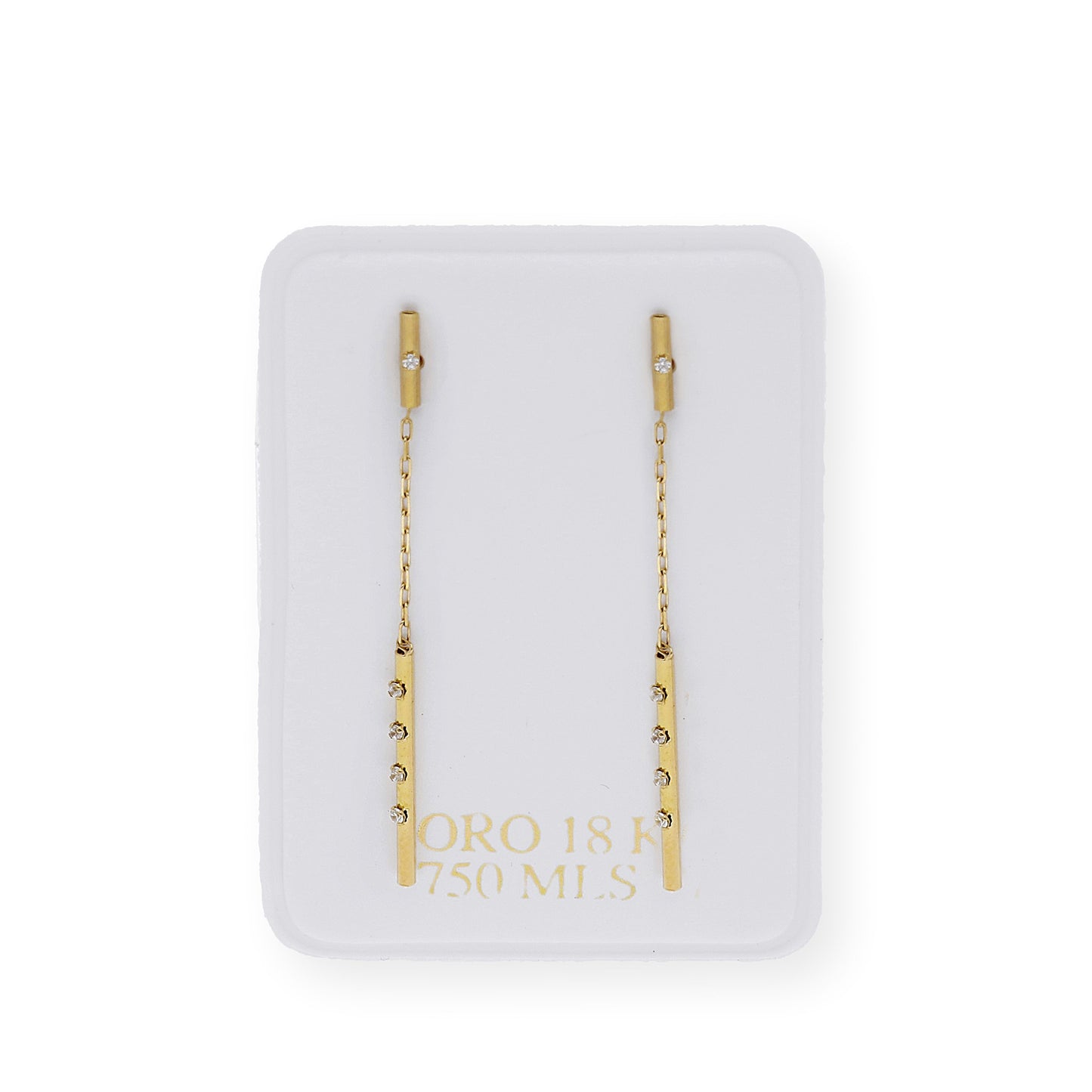 Pendientes largo barras y cadena y circonitas Oro 18k