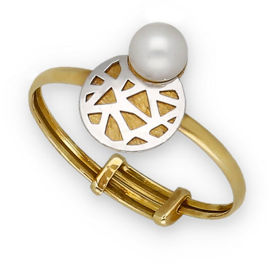 Anillo Alhaja Ajustable en Oro Bicolor de 18K con Mosaico y Perla