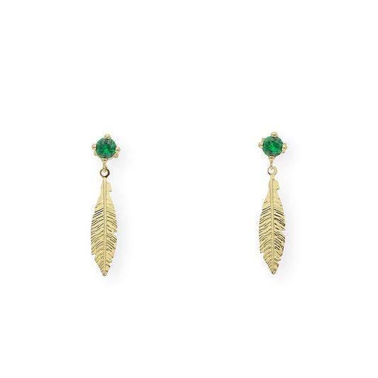 Pendientes Esmeralda sintética y pluma Oro 18k