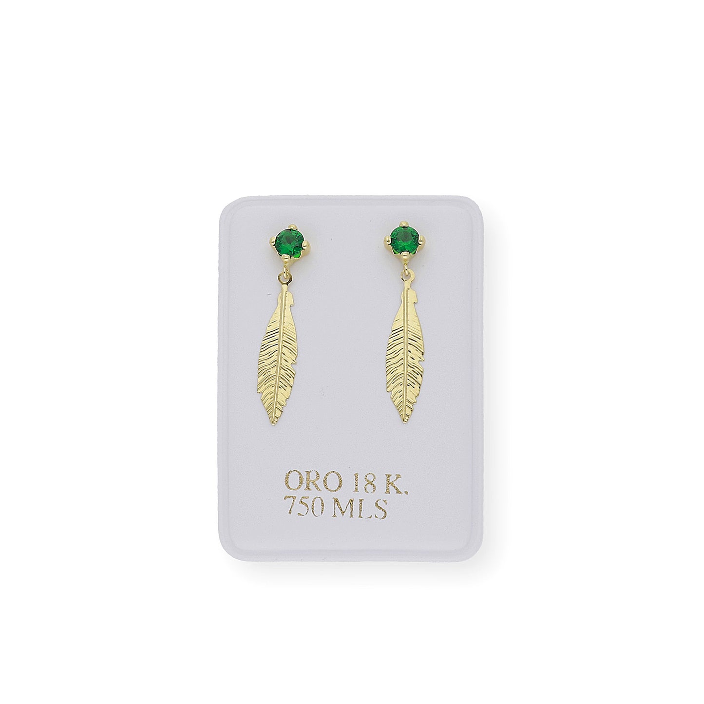 Pendientes Esmeralda sintética y pluma Oro 18k