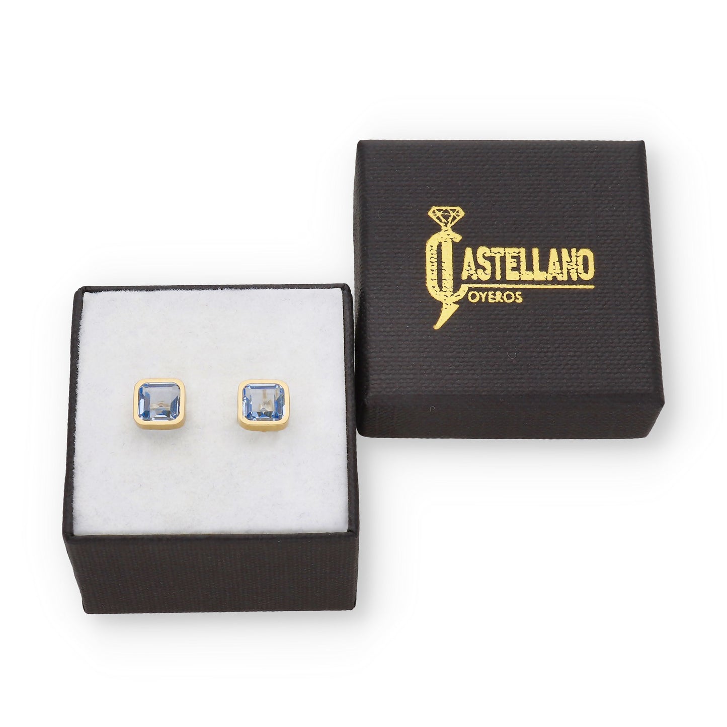 Pendientes de Botón Cuadrado en Oro de Ley 18K con Aguamarina
