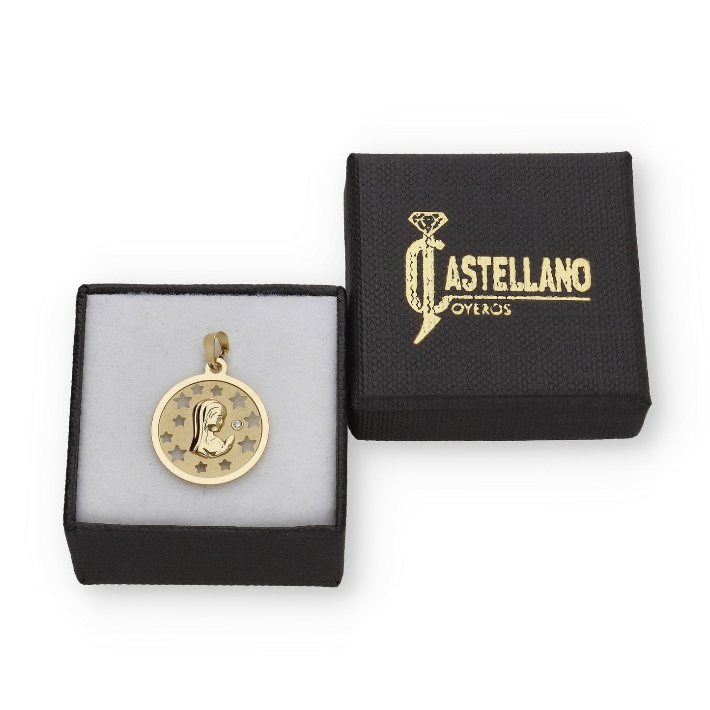 Medalla Virgen NIña en Oro 18K Pequeña con Circonita y Estrellas Caladas