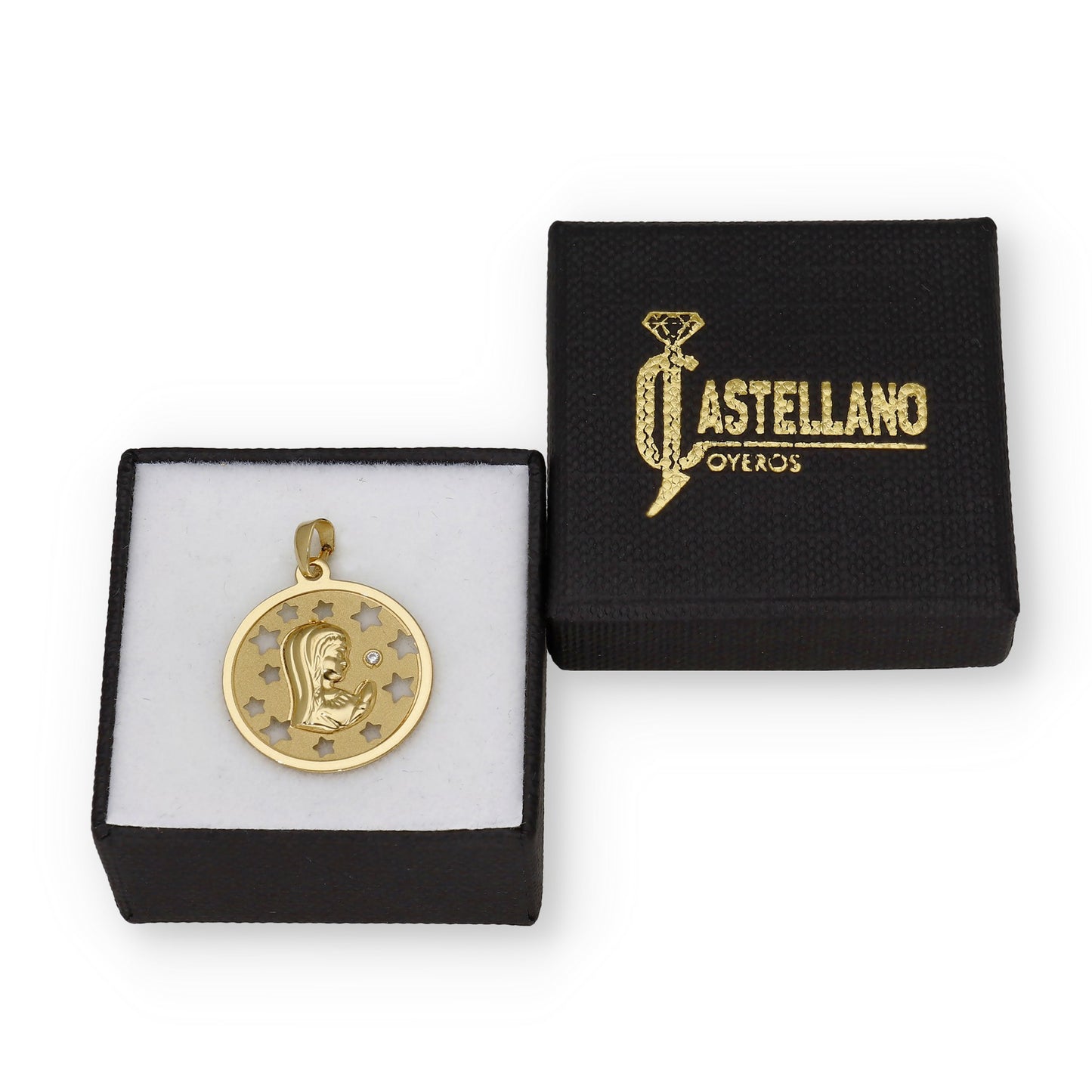 Medalla Virgen NIña en Oro 18K con Circonita y Estrellas Caladas