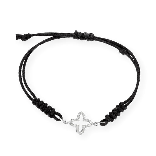 Pulsera Macramé de Oro Blanco de Ley con Diamantes y Diseño de Cruz