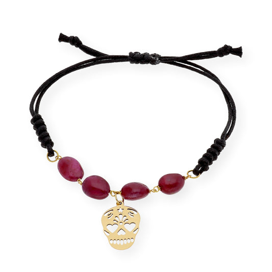 Pulsera Macramé Catrina Mexicana con Rubíes y Oro de Ley 18k