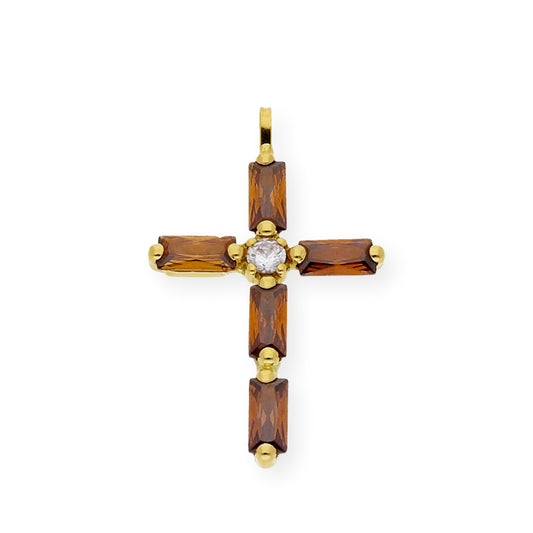 Colgante Cruz con Circonita y Cuarzo Fumé Oro 18K