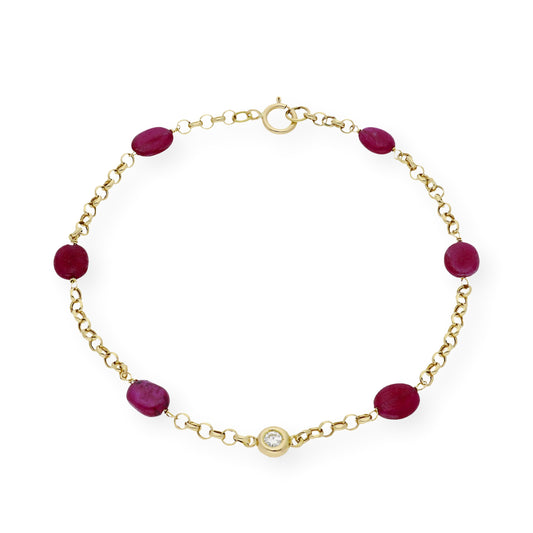 Pulsera de Rubíes Auténticos y Diamante Central en Oro de Ley 18k