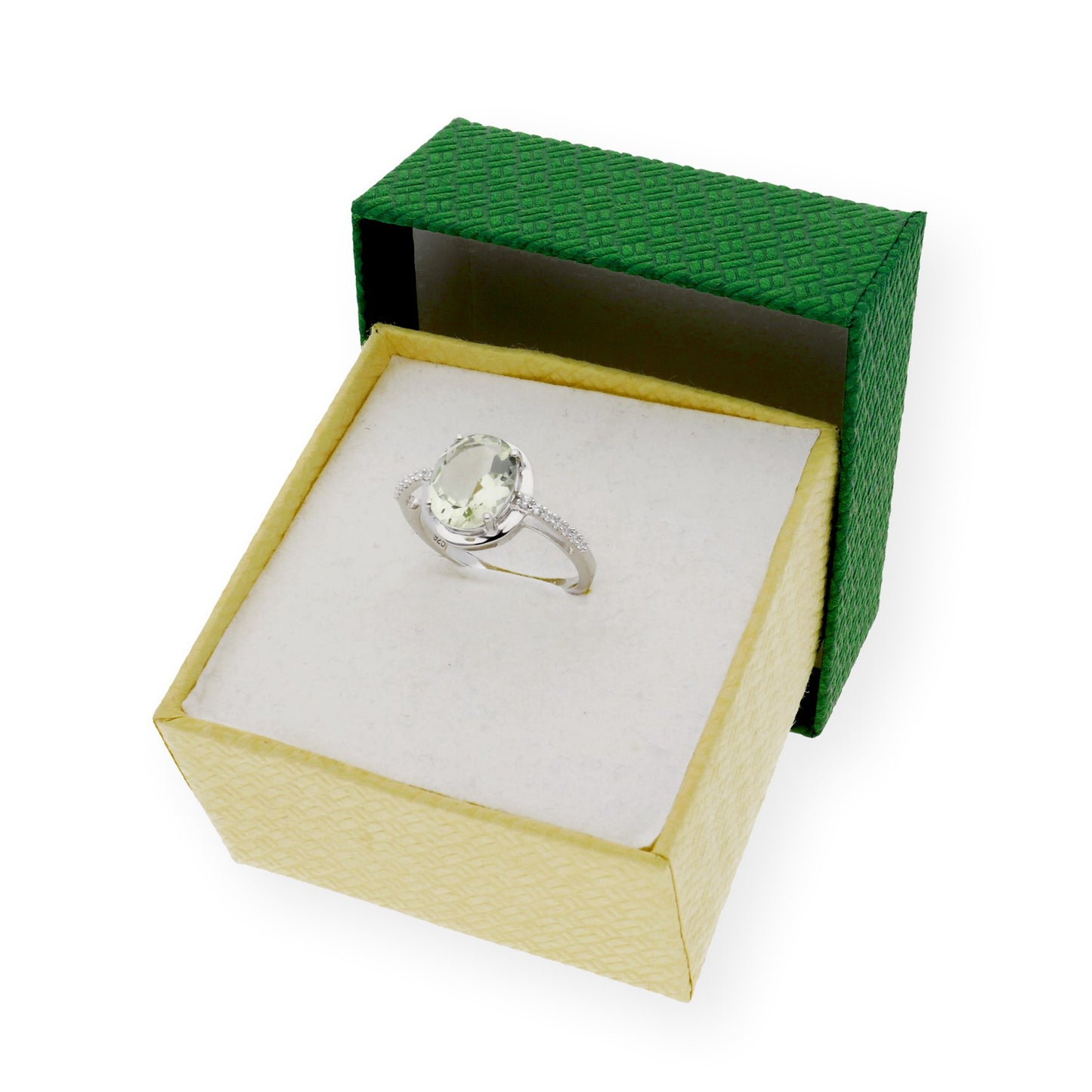 Anillo de Plata con Amatista Verde Central y Circonitas Laterales