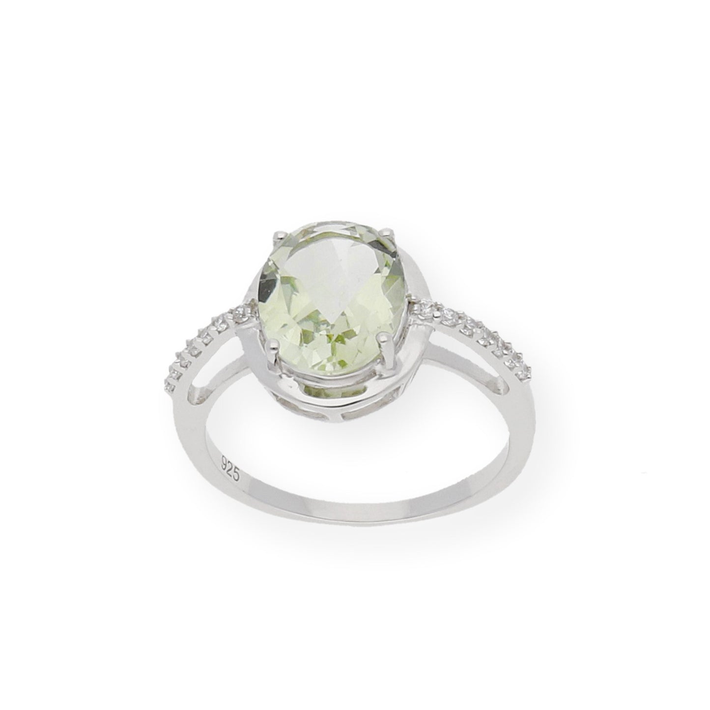 Anillo de Plata con Amatista Verde Central y Circonitas Laterales