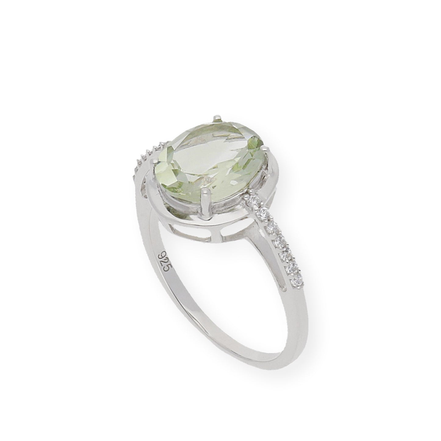 Anillo de Plata con Amatista Verde Central y Circonitas Laterales