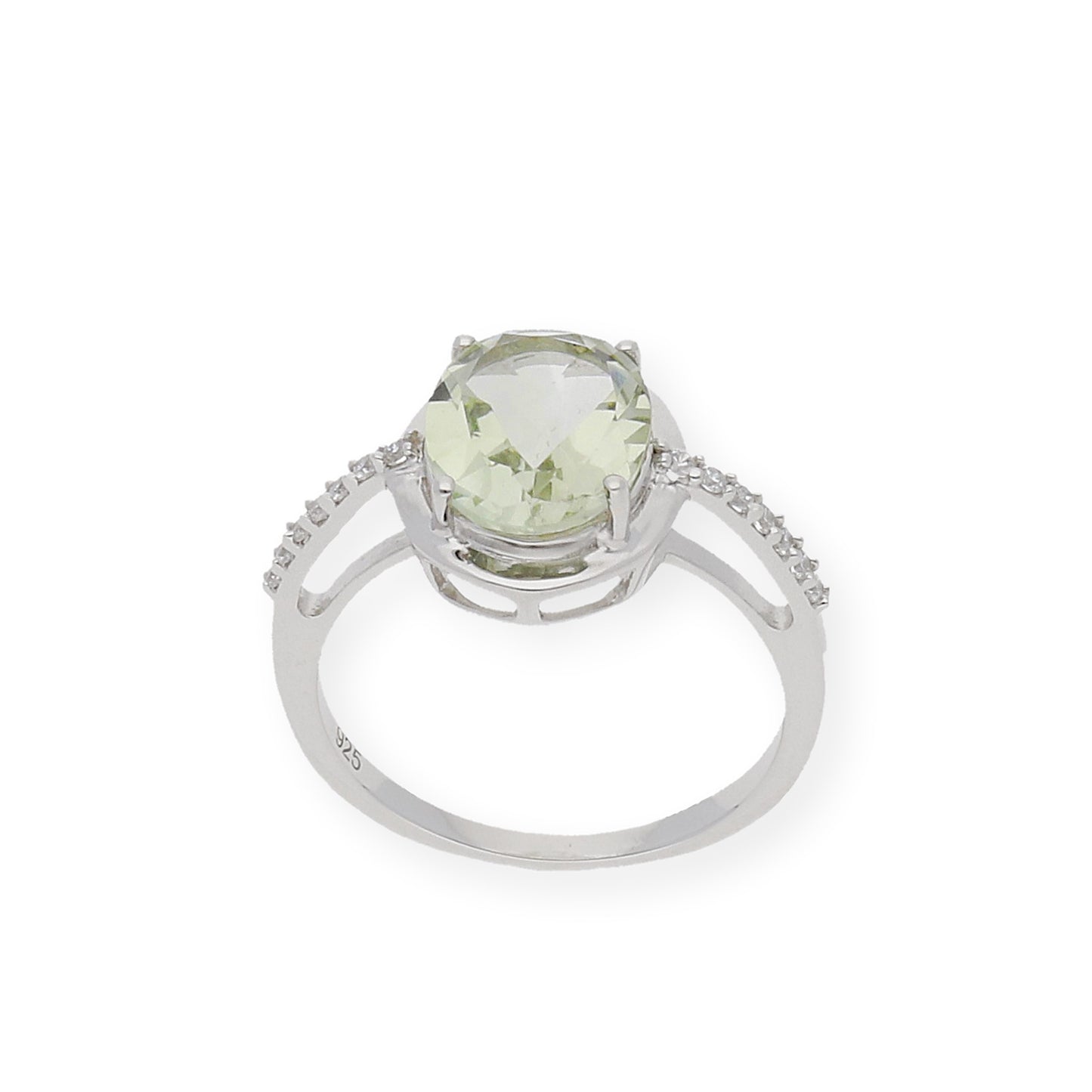 Anillo de Plata con Amatista Verde Central y Circonitas Laterales