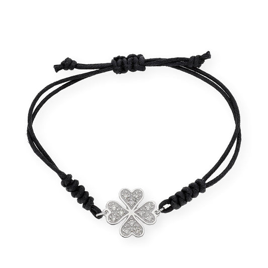 Pulsera Macramé de Oro Blanco de Ley con Diamantes y Diseño de Trébol