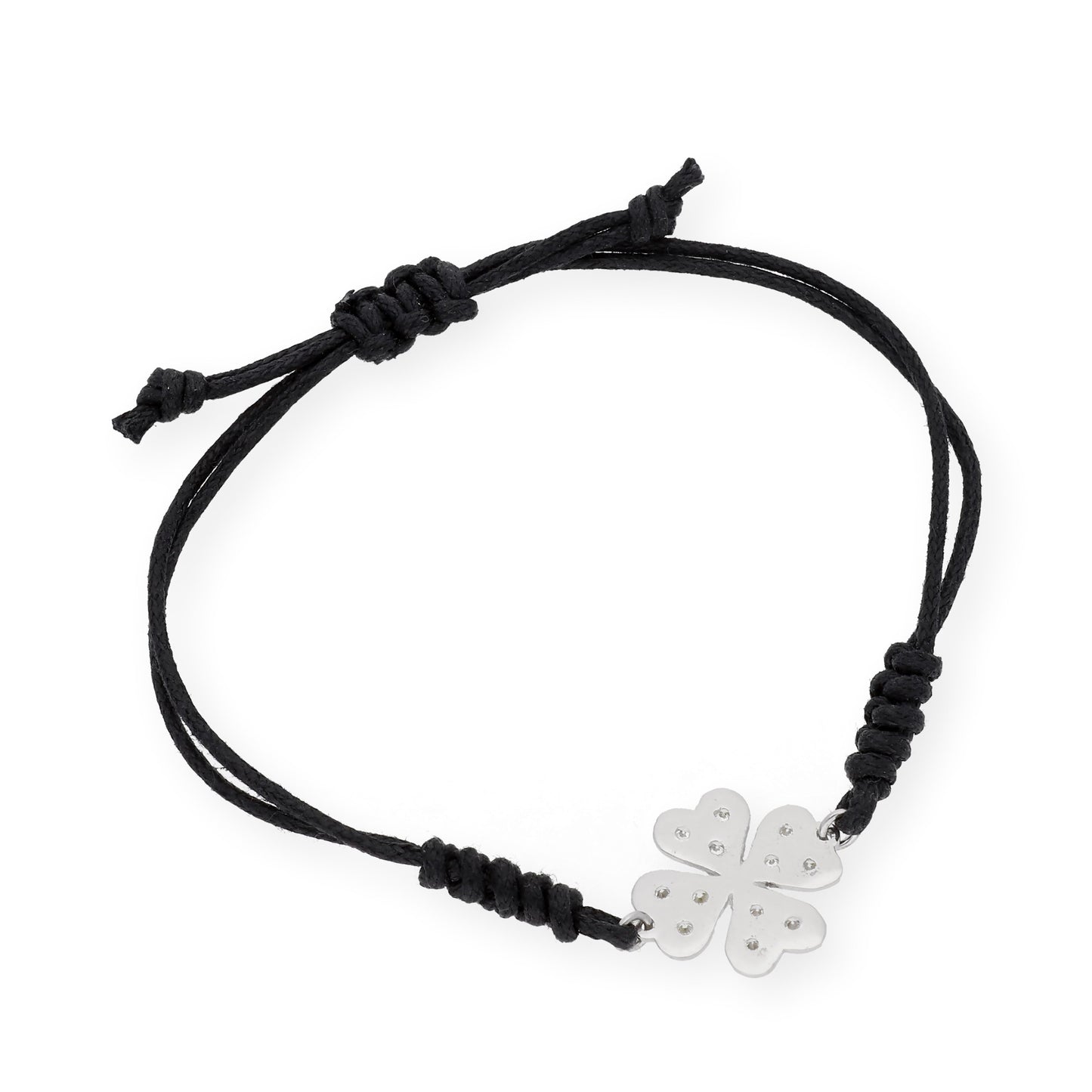 Pulsera Macramé de Oro Blanco de Ley con Diamantes y Diseño de Trébol