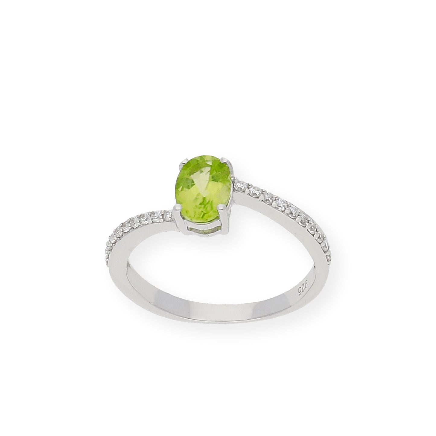 Anillo de Plata con Peridoto Central Oval y Circonitas