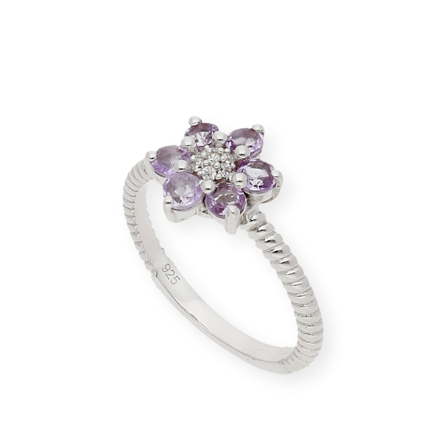 Anillo de Plata con Amatistas en Flor y Circonitas