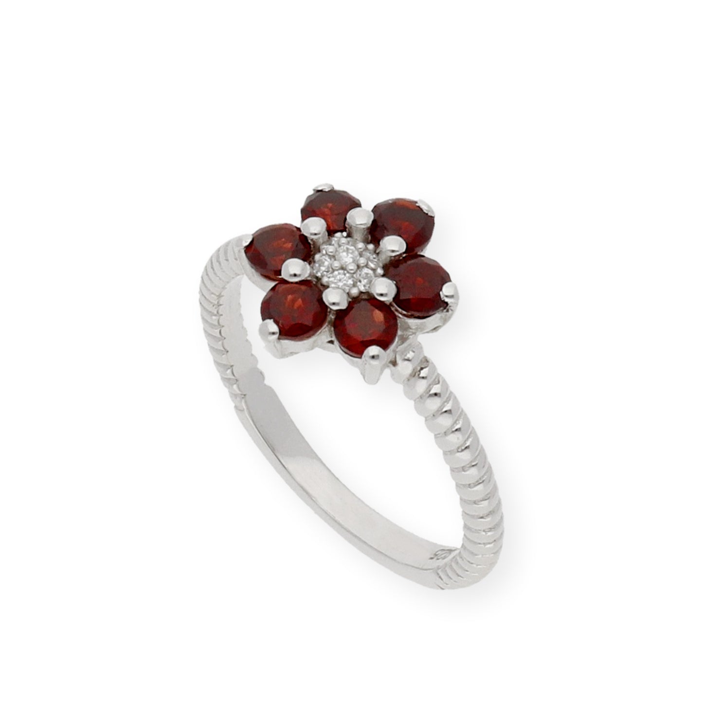Anillo de Plata con Granates en Flor y Circonitas