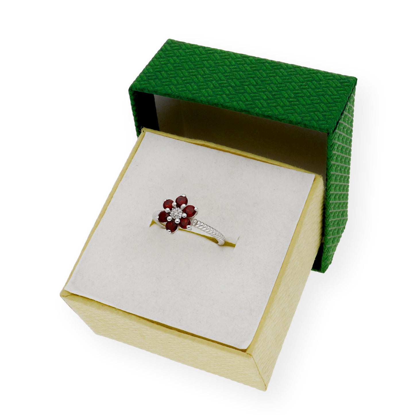Anillo de Plata con Granates en Flor y Circonitas