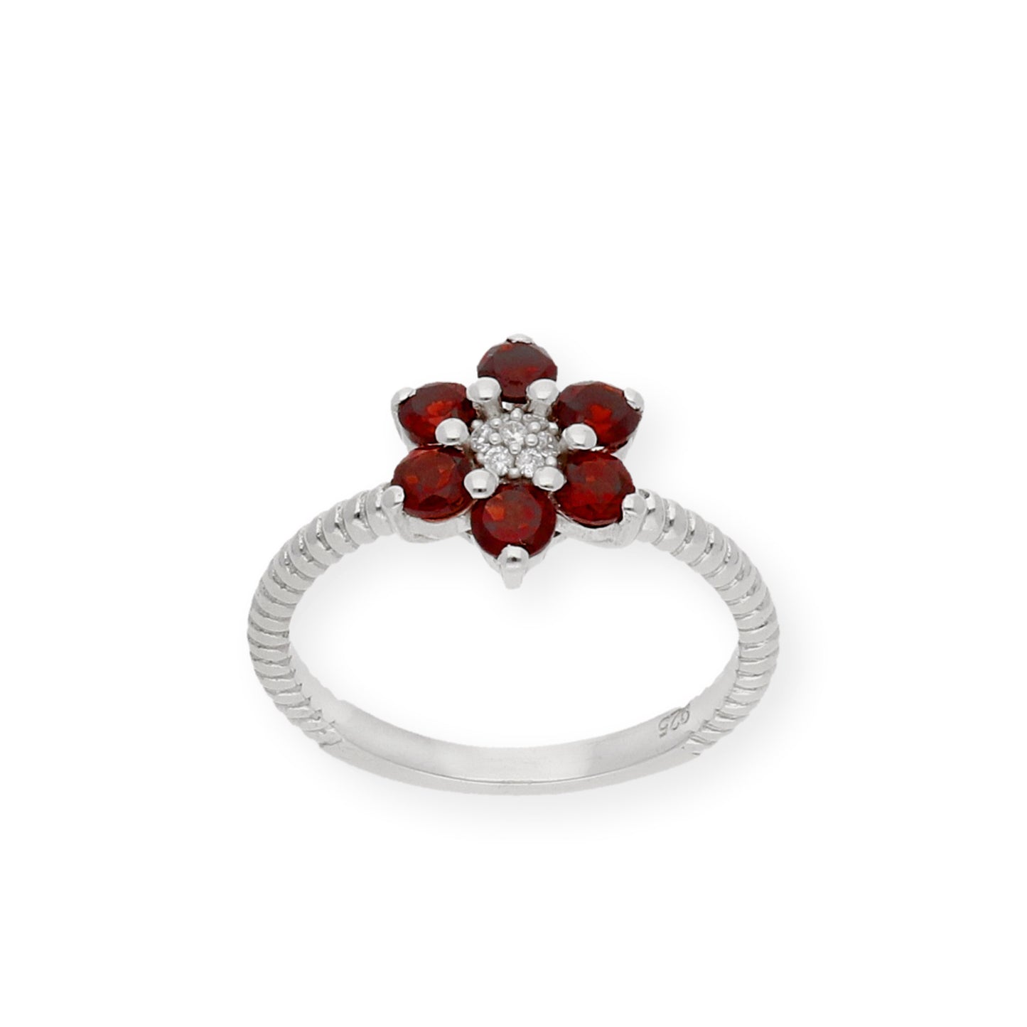 Anillo de Plata con Granates en Flor y Circonitas