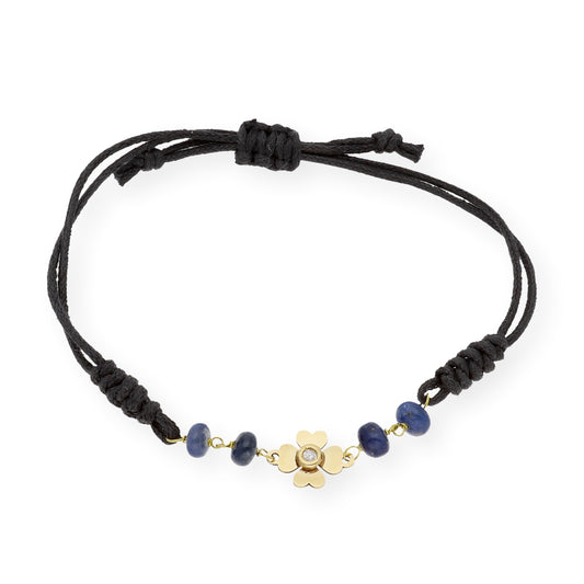 Pulsera Macramé Flor con Zafiros y Diamante en Oro de Ley 18k