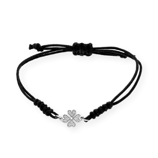 Pulsera Macramé de Oro Blanco de Ley con Diamantes y Diseño de Trébol