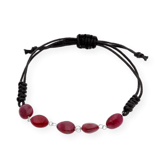 Pulsera Macramé de Oro Blanco de Ley con Rubíes