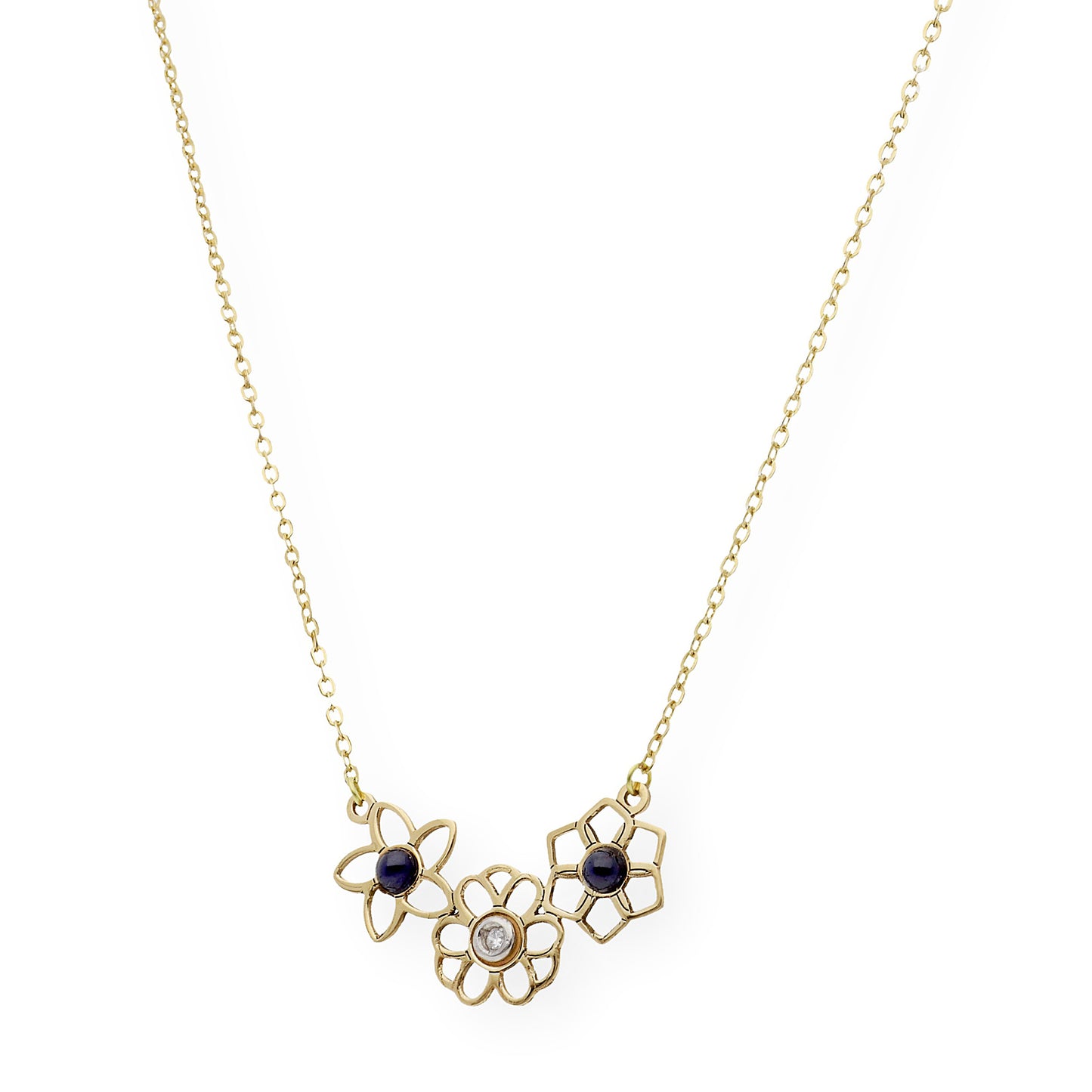Collar Flor de Oro 18K con Zafiros y Diamante central