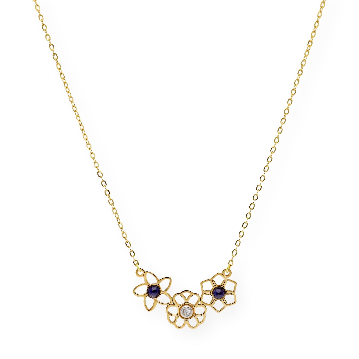 Collar Flor de Oro 18K con Zafiros y Diamante central