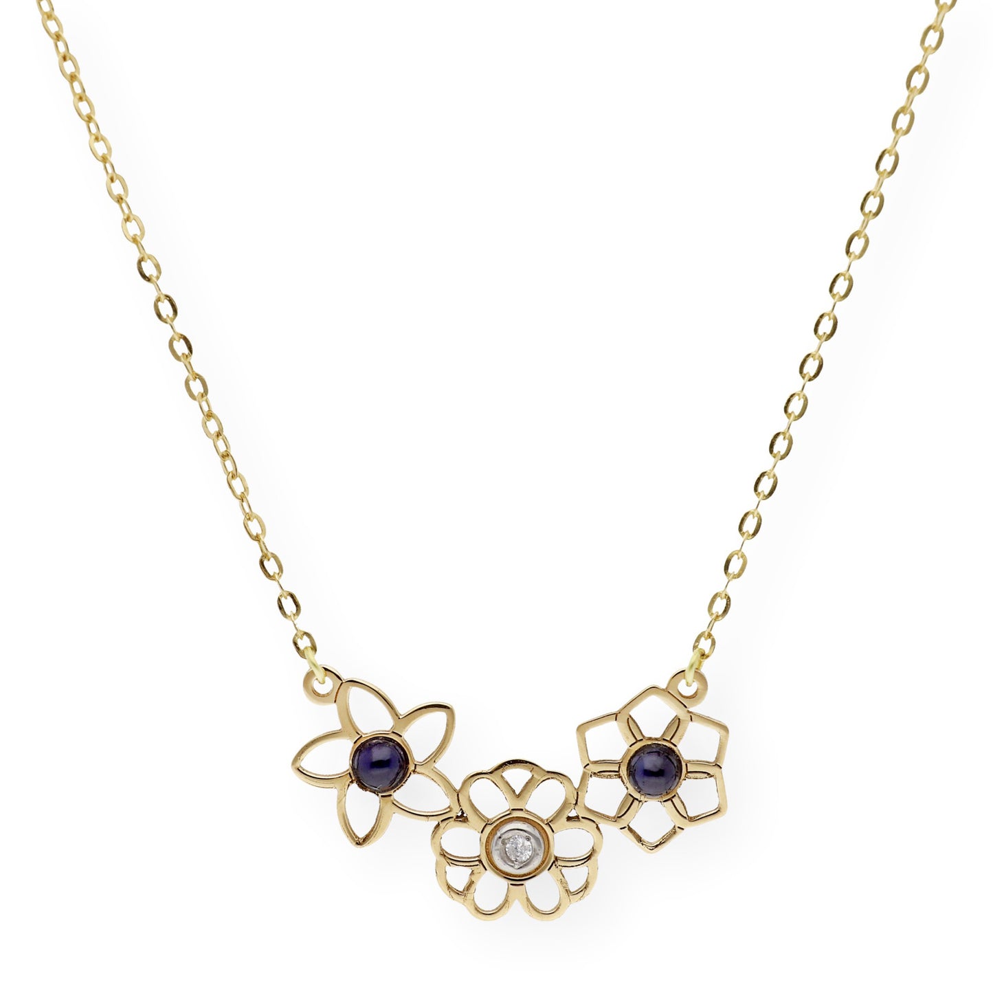 Collar Flor de Oro 18K con Zafiros y Diamante central