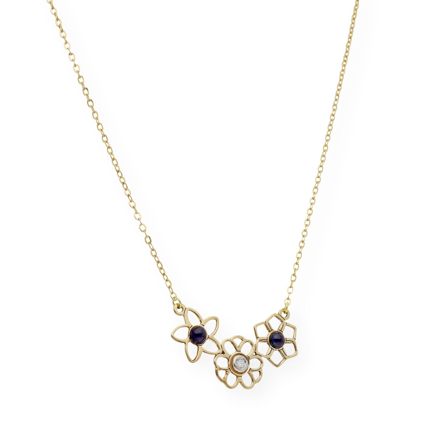 Collar Flor de Oro 18K con Zafiros y Diamante central