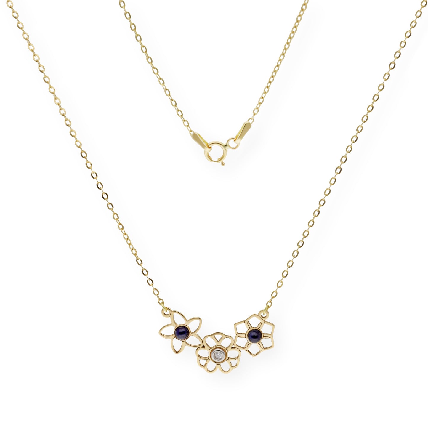 Collar Flor de Oro 18K con Zafiros y Diamante central