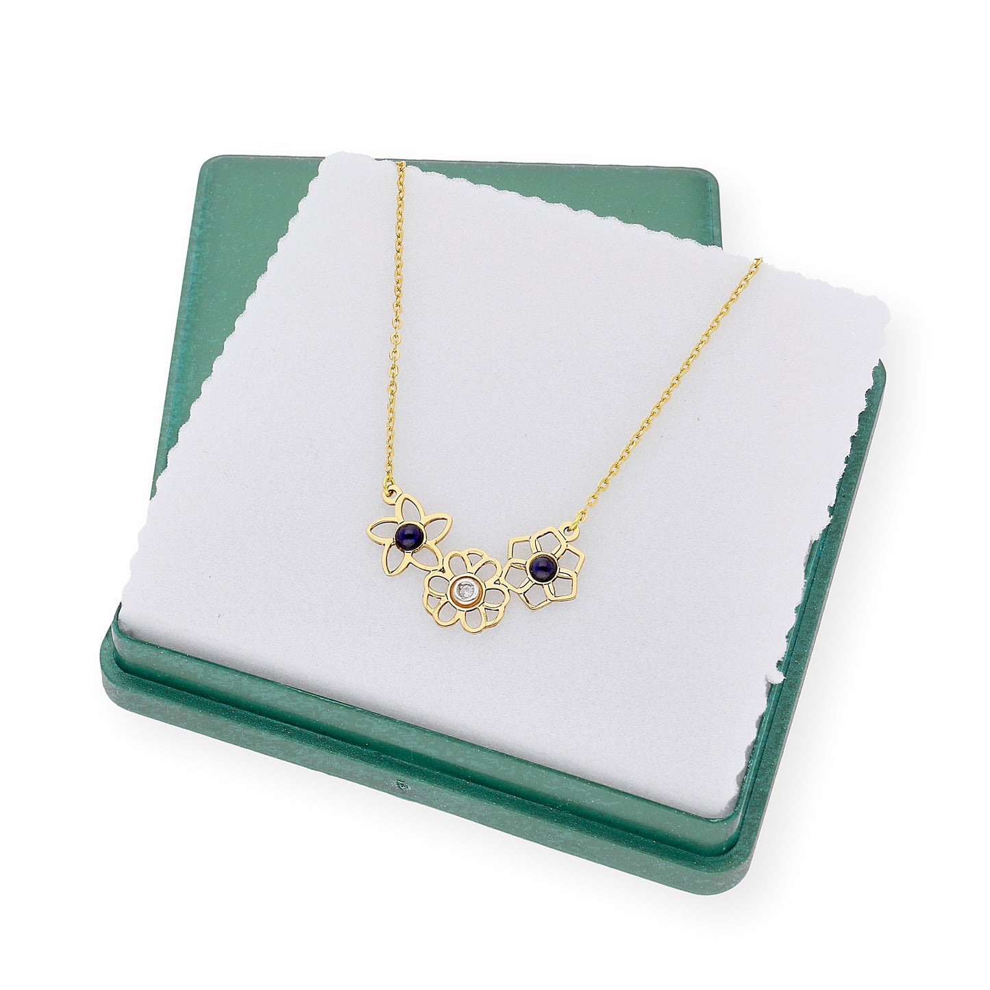 Collar Flor de Oro 18K con Zafiros y Diamante central