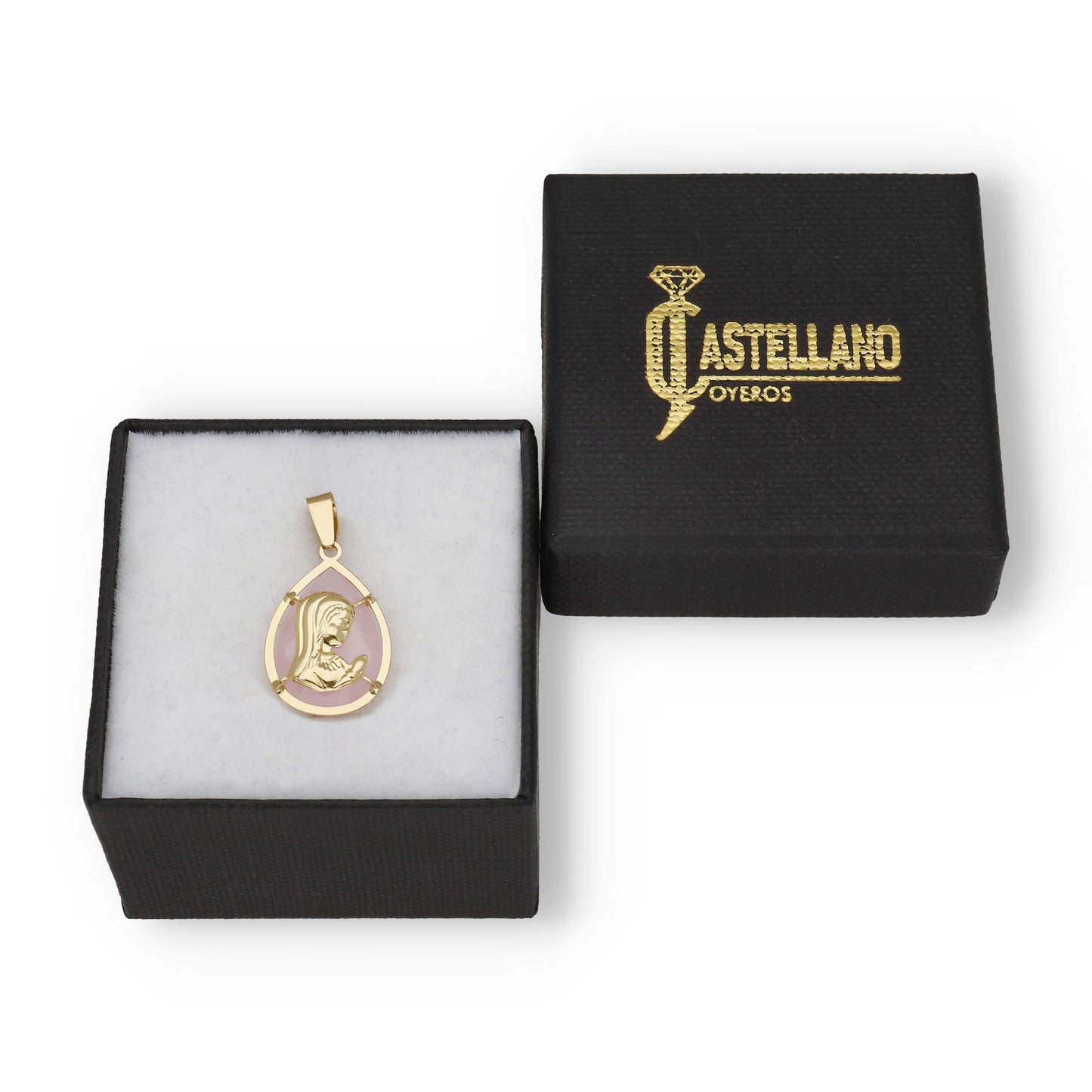 Medalla Virgen Niña en Oro 18k y Piedra Rosa Modelo Hell