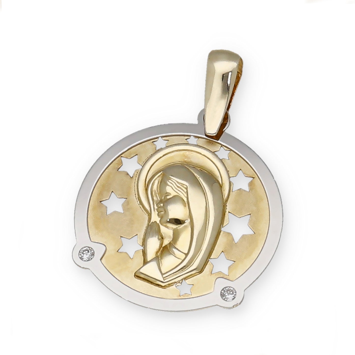 Medalla Virgen Niña en Oro 18k Bicolor y Circonitas Modelo Roma